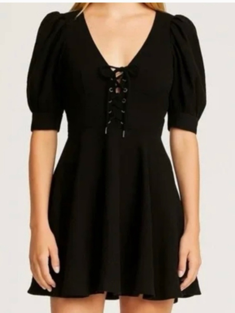 House of Harlow 1960 Black Linen Blend Lace-Up Fit & Flare Mini Dress 6